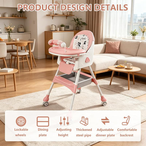 Virplik Portable Baby High Chair for Babies & Toddlers, Easy-Clean Multi-Use Feeding Chair with Lockable Wheels & Toy