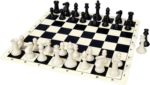 Tournament Portable Chess Set with 20" Silicone Board Mat, 4" King Plastic Weighted Pieces, 2 Extra Queens & Carrying