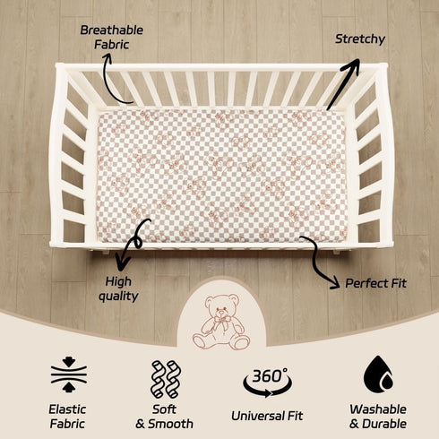 FIGEPO Set Fitted Baby Neutral Crib Sheets Bear and Buffalo Check Plaid Breathable Unisex Baby Standard Crib Sheet