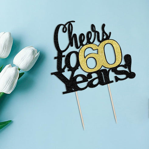 LVEUD Black Font Golden Numbers Cheers to 60 Years Happy Birthday Cake Topper - Wedding, Anniversary, Birthday