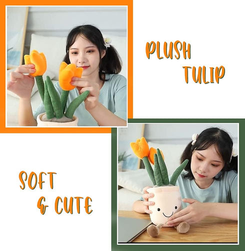 Tulip Plush Toy, 13" Orange Flower Pot Stuffed Plushie Pillow Doll, Soft Fluffy Hugging Cushion - Gift for All Ages