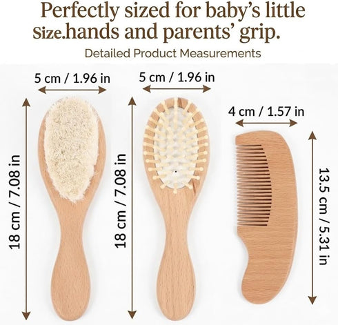 Set 3 Custom Engraved Wooden Baby Hair Brush and Comb - Pieces