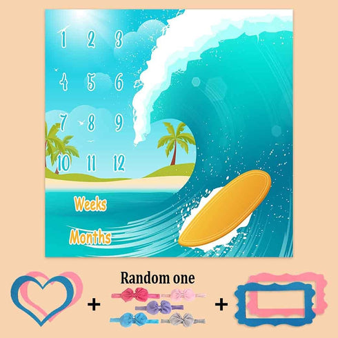 Baby Monthly Milestone Blanket, Sea Surfboard Waves, Newborns 1 to 12 Months Unisex Include 4 Frames and 1 Headband 47"x47"BTLSPH495 by PHMOJEN