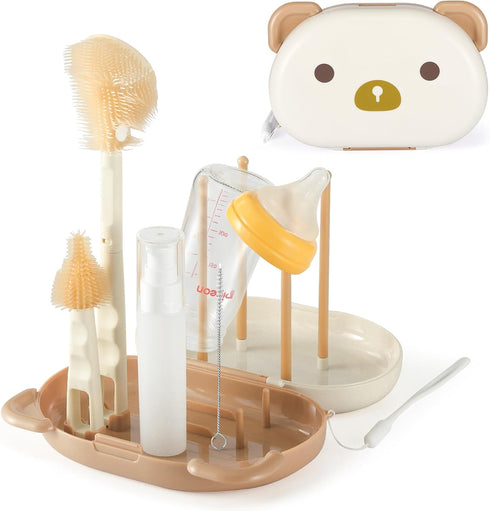 VOOWO Baby Bottle Brush & Drying Rack, Travel Bottle Cleaner Kit, Silicone