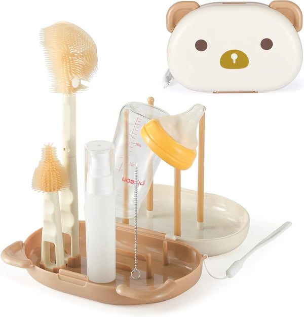 VOOWO Baby Bottle Brush & Drying Rack, Travel Bottle Cleaner Kit, Silicone