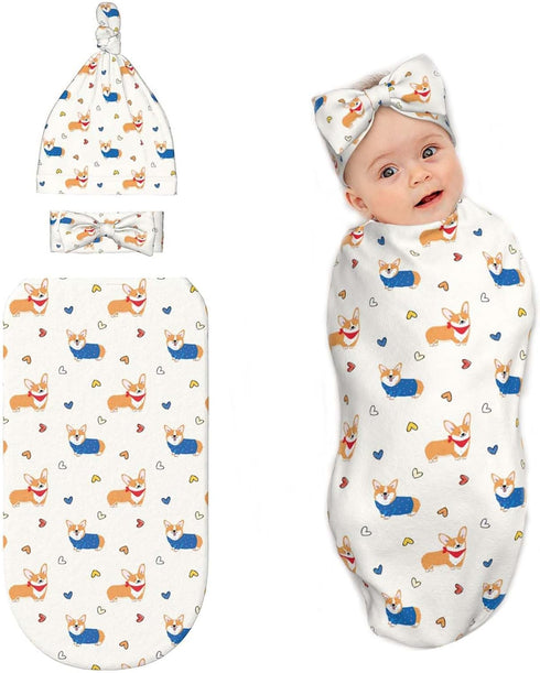 Broiteid Dog Corgi Baby Stuff Newborn Swaddle Blanket with Beanie Hat and Headband