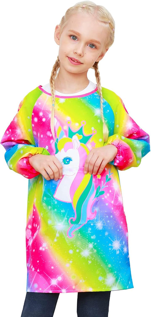 PASHOP Kids Art Smocks Unicorn Waterproof Painting Apron for Girls Boys, Long Sleeve Smock with Pocket