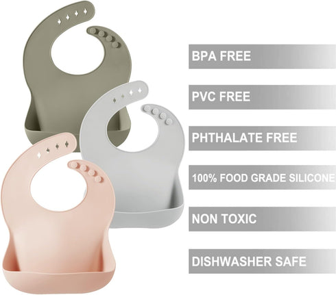 PandaEar 3 Pack Silicone Bibs for Babies, Adjustable Waterproof BPA Free Soft Durable Bibs with Large Pocket