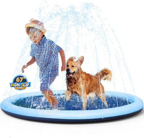 VISTOP Non-Slip Splash Pad for Kids and Dogs, Thicken Sprinkler Pool for Summer Fun (67 inch, Blue&Blue)