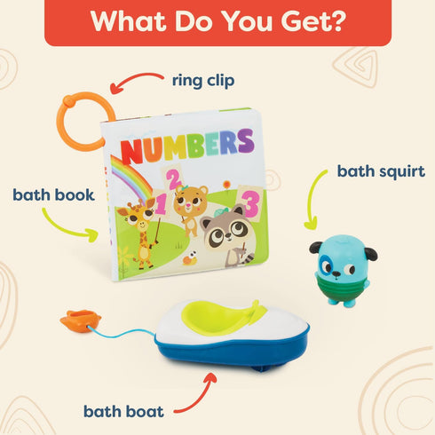 B. toys Bath Book & Boat Squirter, Pull-String Boat with Colors & Numbers, Travel Clip for 10 Months Tub Time