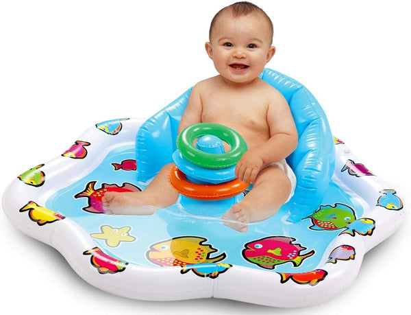Bundaloo Inflatable Infant Pool Splash Mat with Backrest & Stackable Ring Toys - Summer Fun Activity for Baby Toddlers
