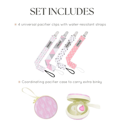 Dodo Babies Pacifier Clip with Case Set, 5-Piece Set, Pink & Gray Prints, Universal Binkie Clip & Holder