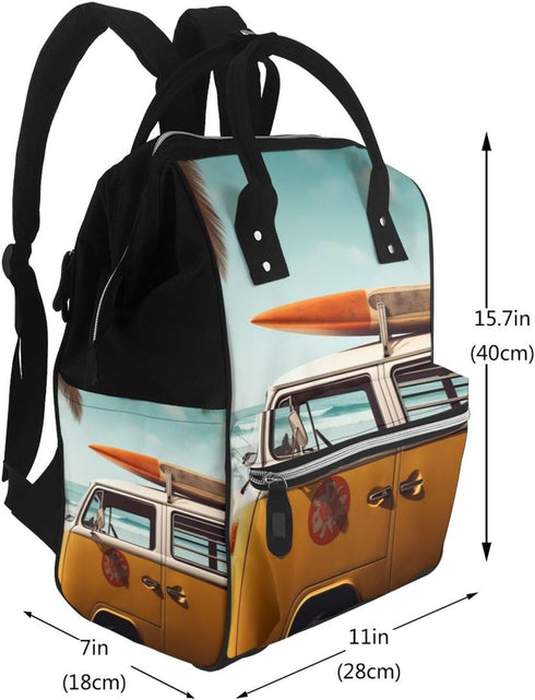 HCBPWVQA Backpack Daypacks Vintage Van in The Beach with a Surfboard Print Diaper Bag Multifunction Laptop Travel Large
