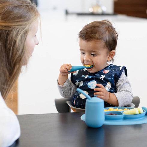 ezpz Mini Utensils - 12 Months+ (Fork & Spoon in Blue) - 100% BPA Free Toddler Utensils