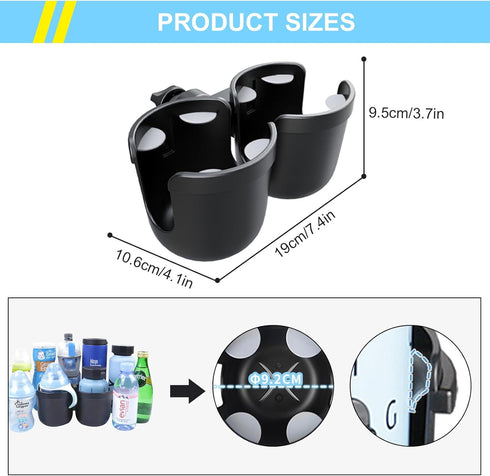 JINKEY Universal 360°Rotation Dual Cup Holder for Baby Stroller, Adjustable 2 in 1 Attachment for Bike