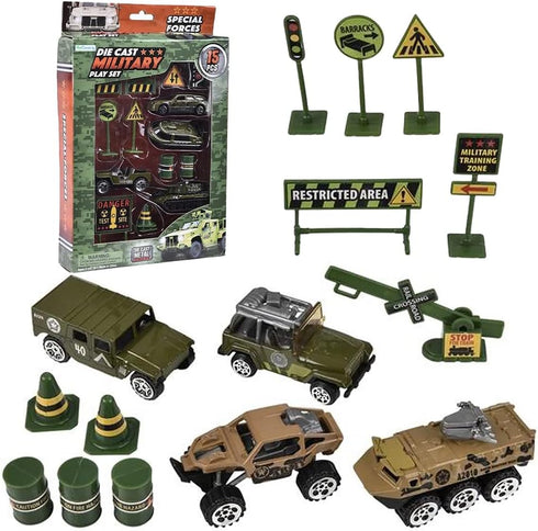 ArtCreativity Diecast Military Playset for Kids - 15-Piece Set with Army Trucks, Signs, and Imagination-Sparking Toys