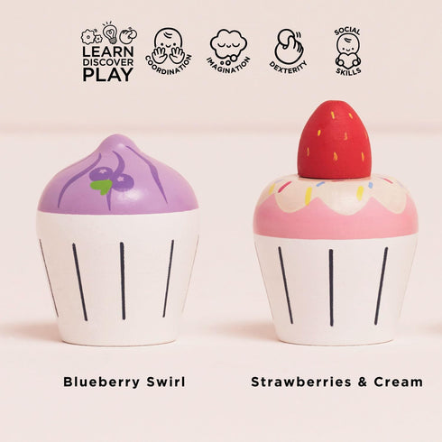 (TV331) Le Toy Van - Adorable Honeybake Petit Four Cupcakes | Childrens Wooden Food Pretend Toy Cakes | Birthday Cake