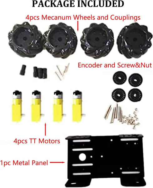 4WD Metal Smart Car Chassis - MC100 Remote Control Robot Platform Kit with 60mm Mecanum Wheel for Arduino/Raspberry Pi