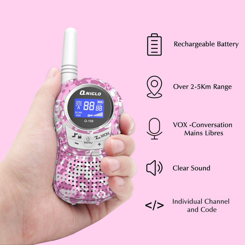 Qniglo Kids Walkie Talkies 2 Pack, Rechargeable Long Range Radios for Kids/Adults, Outdoor Camping Game Gifts