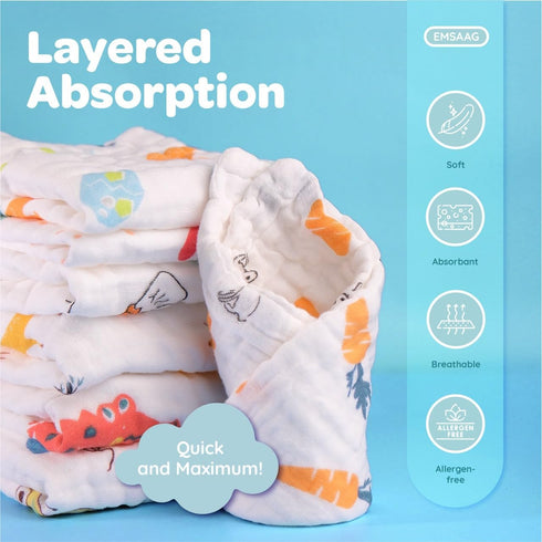 EMSAAG Pack 7-Soft Towels,100% Pattern-10 10 Muslin Baby Washcloths of Sweat Cloths for Newborn,Absorbent Baby Bath