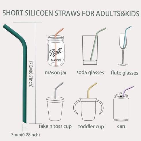 Reusable Thin Short 6.7" Cute Silicone Bendy Straws for Toddlers, Kids, Baby, 6 10 12 oz Wine/Yeti Tumbler,