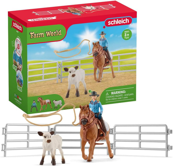 Schleich Farm World Rodeo Roping Playset - Cowgirl Rider Figurine with Cow, Pen, Rope, 9-Piece Toy