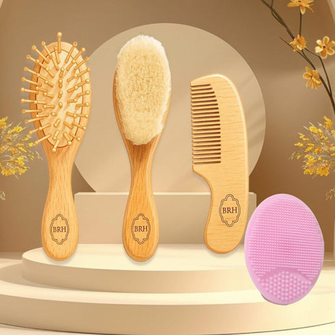 BRH 4 Set, Set Piece Wooden Baby Hair Brush and Comb Wooden Baby Care Kit with Soft Goat Bristle Brush,Baby Massage