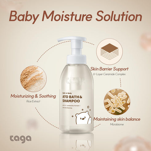 300 ml TAGA ATO Baby Bath & Shampoo Mild Tear-Free Cleanser for Newborn & Sensitive Baby Skin - Ceramide & Vitamin Rich