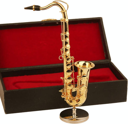 Dselvgvu 6.22"x3.07"x1.12") Miniature Saxophone with Stand and Case Brass Mini Musical Instrument Replica Collectible