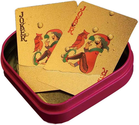 Mahogany Wooden Gift Box Case Holder with Luxury 24k Gold Plated Waterproof Playing Cards, 1 Deck for Poker