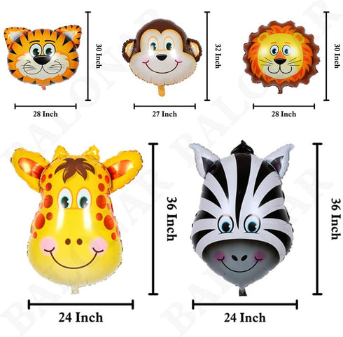 BALONAR 5pcs Animal Balloons for Child Birthday Party Supplies - 32 Inch Tiger Lion Zebra Monkey Giraffe, Cute Baby