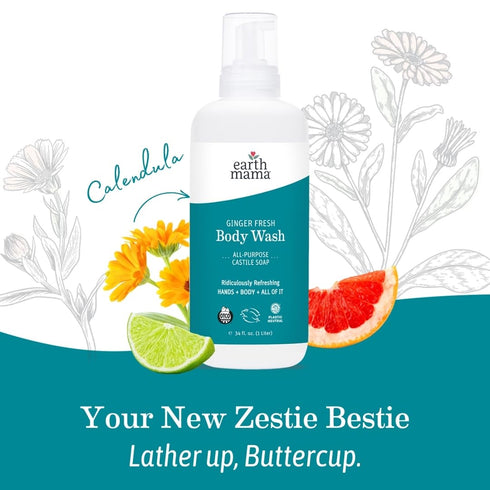 Earth Mama 34 oz Ginger Fresh Hand & Body Wash - Foaming Hand Soap Refill - fl - Made with Organic Herbs and Oils