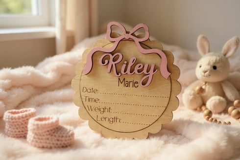 Personalized Baby Girl Birth Announcement Stat Sign with Bow Custom Round Wooden Name Plaque with Scalloped Edge