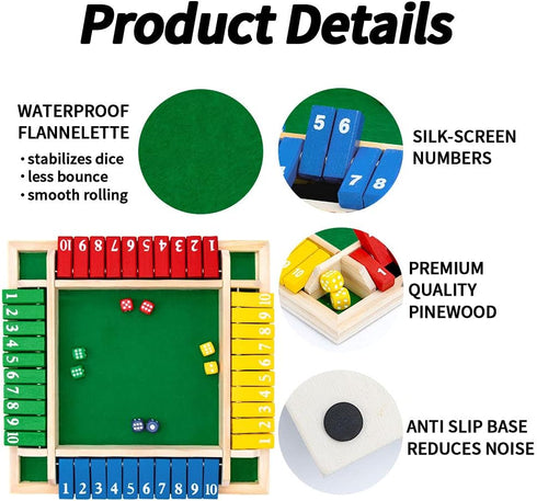 Nicecho Shut The Box Dice Game, 2-4 Player Family Wooden Board Game for Adults and Kids