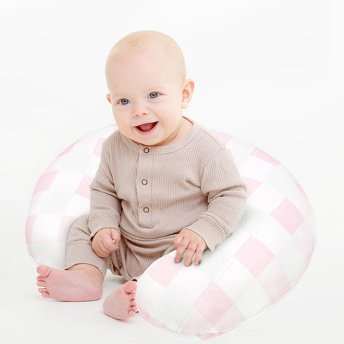 Set Pink Checkered Fitted Crib Sheets & Nursing Pillow Cover for Baby Boys and Girls