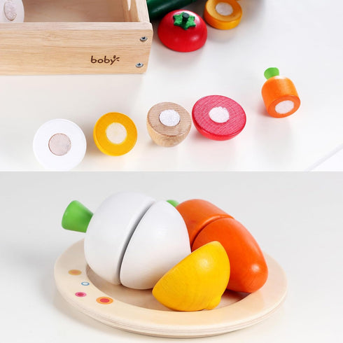 Set Playset Dailyfunn Wooden Pretend Play Foods for Kids Kitchen Montessori Cutting Toys with Storage Box