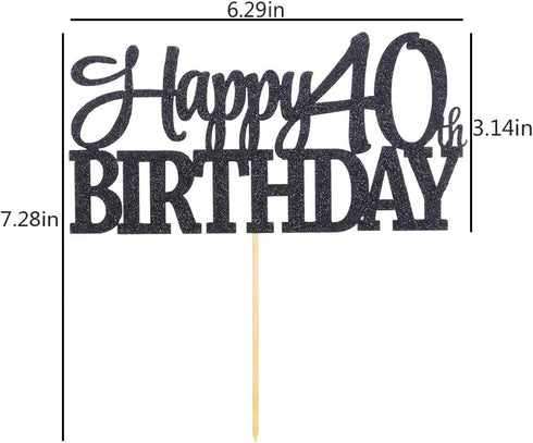 PALASASA Black Glitter Happy 40th Birthday Cake Topper, 40 Anniversary Party Decoration