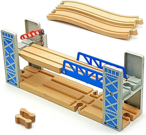 DSHMIXIA Set 3-5 Lift Bridge Wooden Crane Toy with Train Cars - Compatible with Major Wooden Rail Brands - Ages