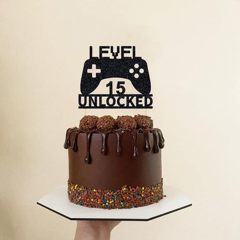 Level 15 Unlocked Cake Topper - Video Game Cake Topper for 15th Birthday Party Decoration