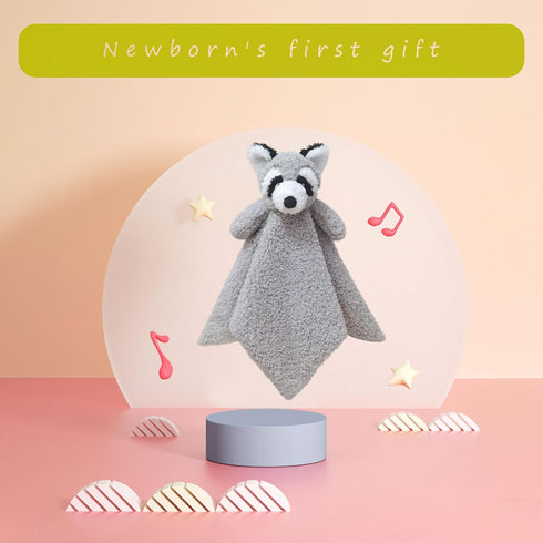 Baby Gray Raccoon Soft Stuffed Animal Security Blanket, Plush Lovey Blanket, Baby Shower Gift, 14"