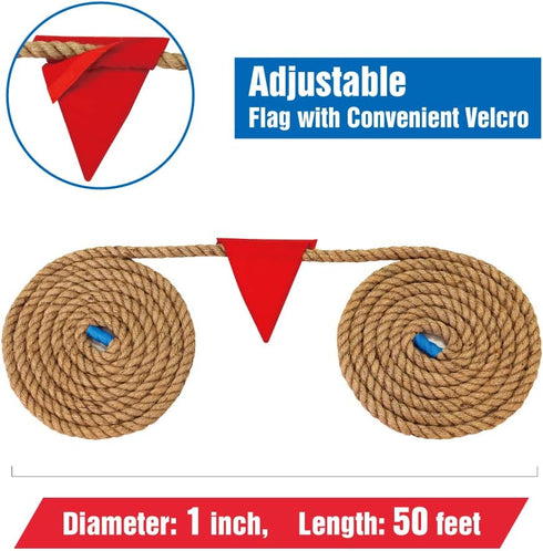 GOTHINK 50 FT Tug of War Rope Set for Kids, Soft Natural Jute Fiber Rope with Red Flag for Outdoor Games