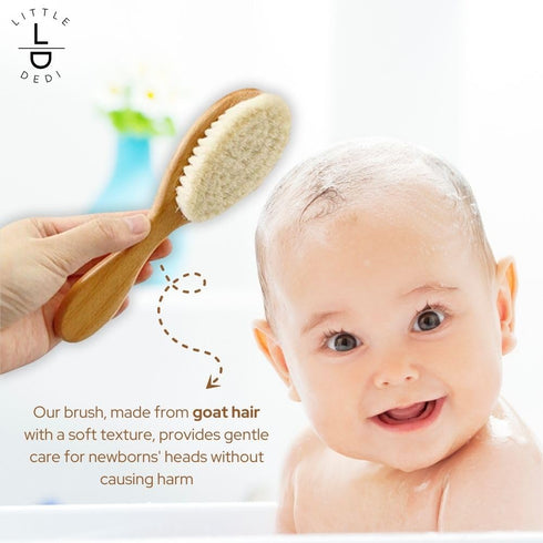 Set Premium Baby Hair Brush Natural Goat Hair & Bamboo Bristle Brushes, Beechwood Comb, Cotton Pouch Gentle Scalp Care