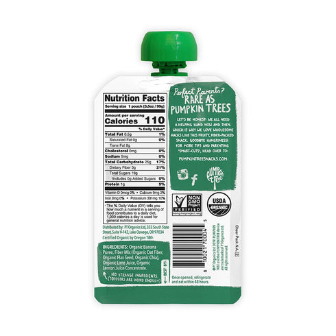 3.5 oz. (Pack 10) Pumpkin Tree Organics Fruit Snack Pouch, Banana + Fiber + a Squeeze of Lime