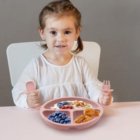 Silicone Baby Feeding Set, 2 Pack Divided Toddler Plates with Suction and Spoons, BPA Free Baby Led Weaning Supplies