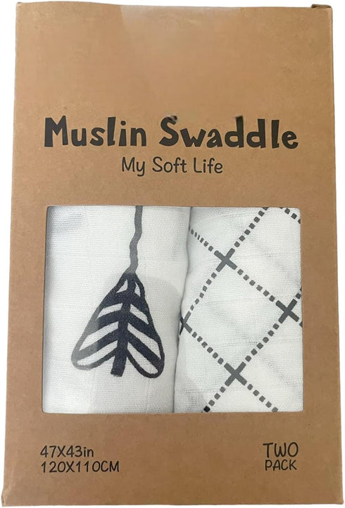 Muslin Swaddle Blanket, 2 Pack Unisex Wrap Soft Silky Gender Neutral Recieving Blanket for Boys and Girls, Large size 47 x 47 Inches, set of 2 Black and White Great Shower Gift for a new Baby and Mom by L.W. Clothing Company