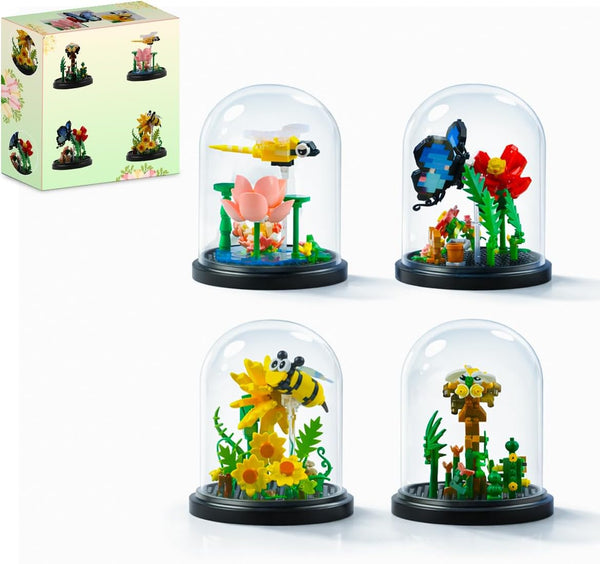 FIKAXTOY Insect Flowers Collection Micro Building Toy Set with Dust Cover, Flower Plants