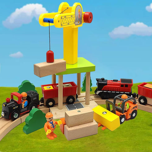 DSHMIXIA Set 3 4 5 Wooden Train Track Accessories Wooden Crane Toy with Train Cars for Year Old Boys Kids Other Major