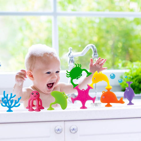 UMBWORLD 9 3 Suction Bath Toys for Kids, PCS Silicone Ocean Animal Suction Cup Toys, Mold Free No Hole Bathtub Toy