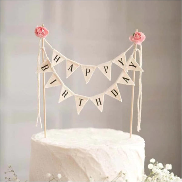 Happy Birthday Cake Bunting Topper Garland, Handmade Pennant Flags with Wood Pole in Ivory (With Pink Rose)
