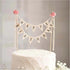Happy Birthday Cake Bunting Topper Garland, Handmade Pennant Flags with Wood Pole in Ivory (With Pink Rose)